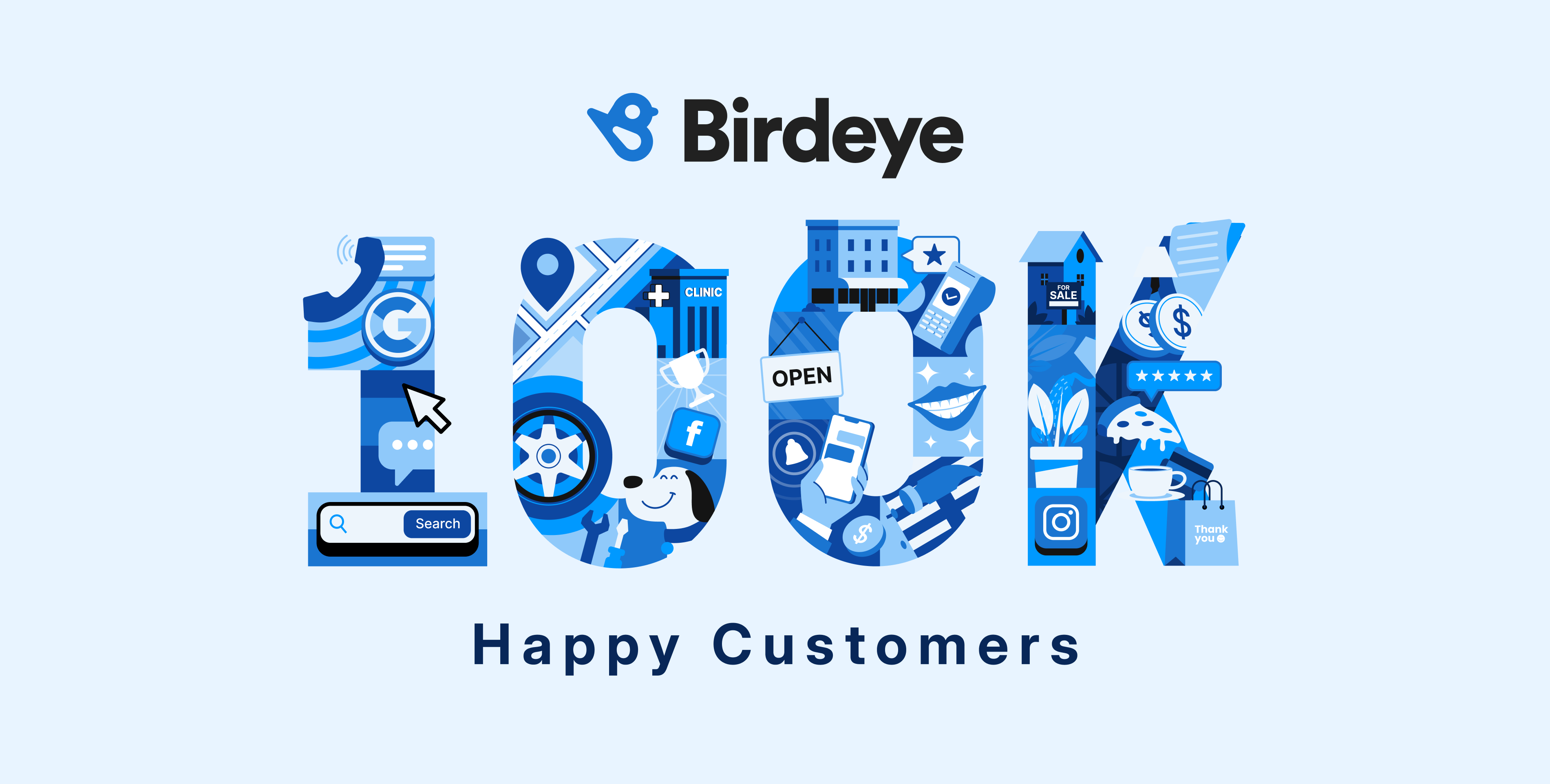 Birdeye logo above large 100K filled with business and social media icons, with Happy Customers text below.