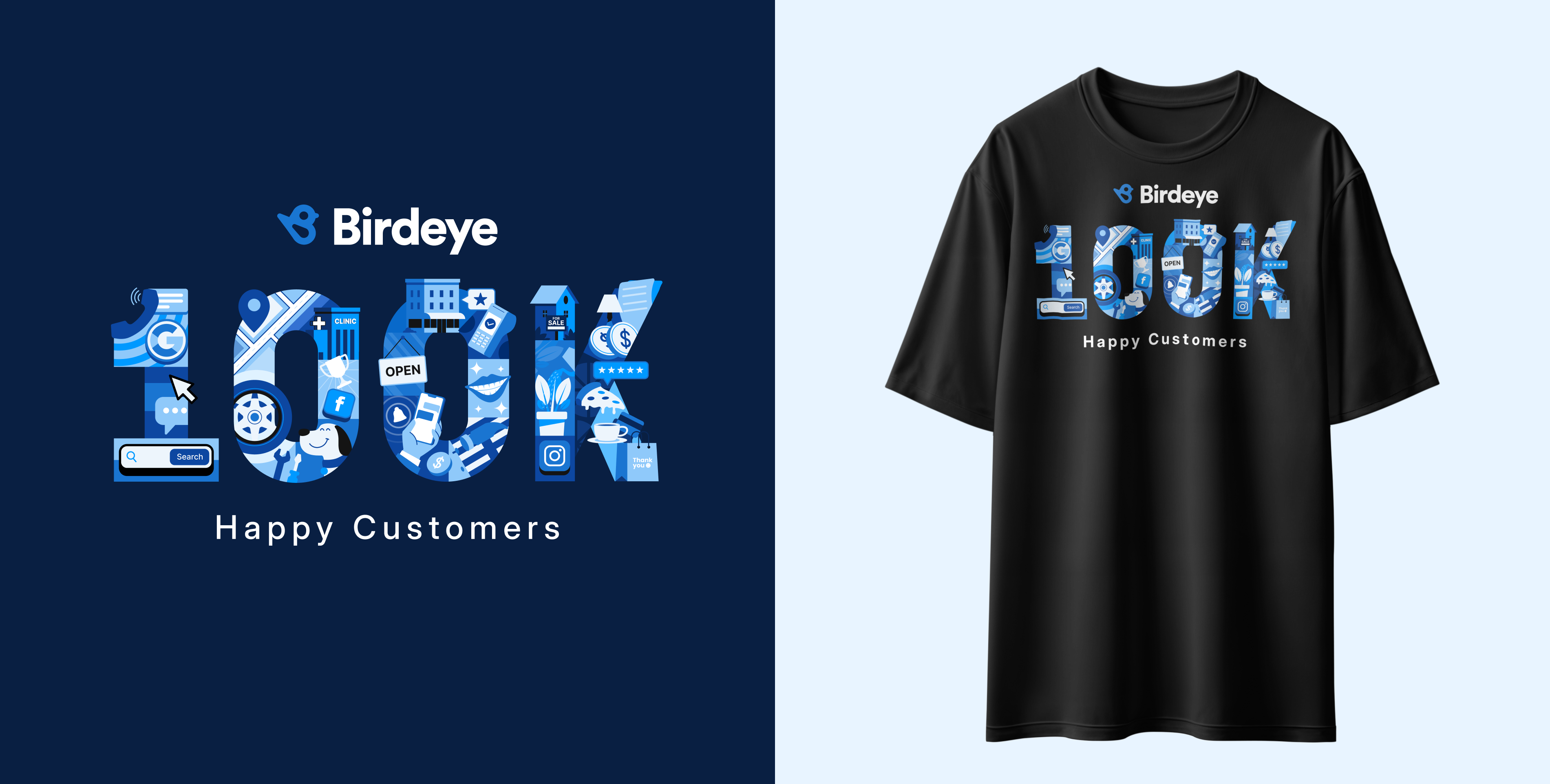 Black t-shirt with Birdeye logo and '100K Happy Customers' text filled with blue icons.