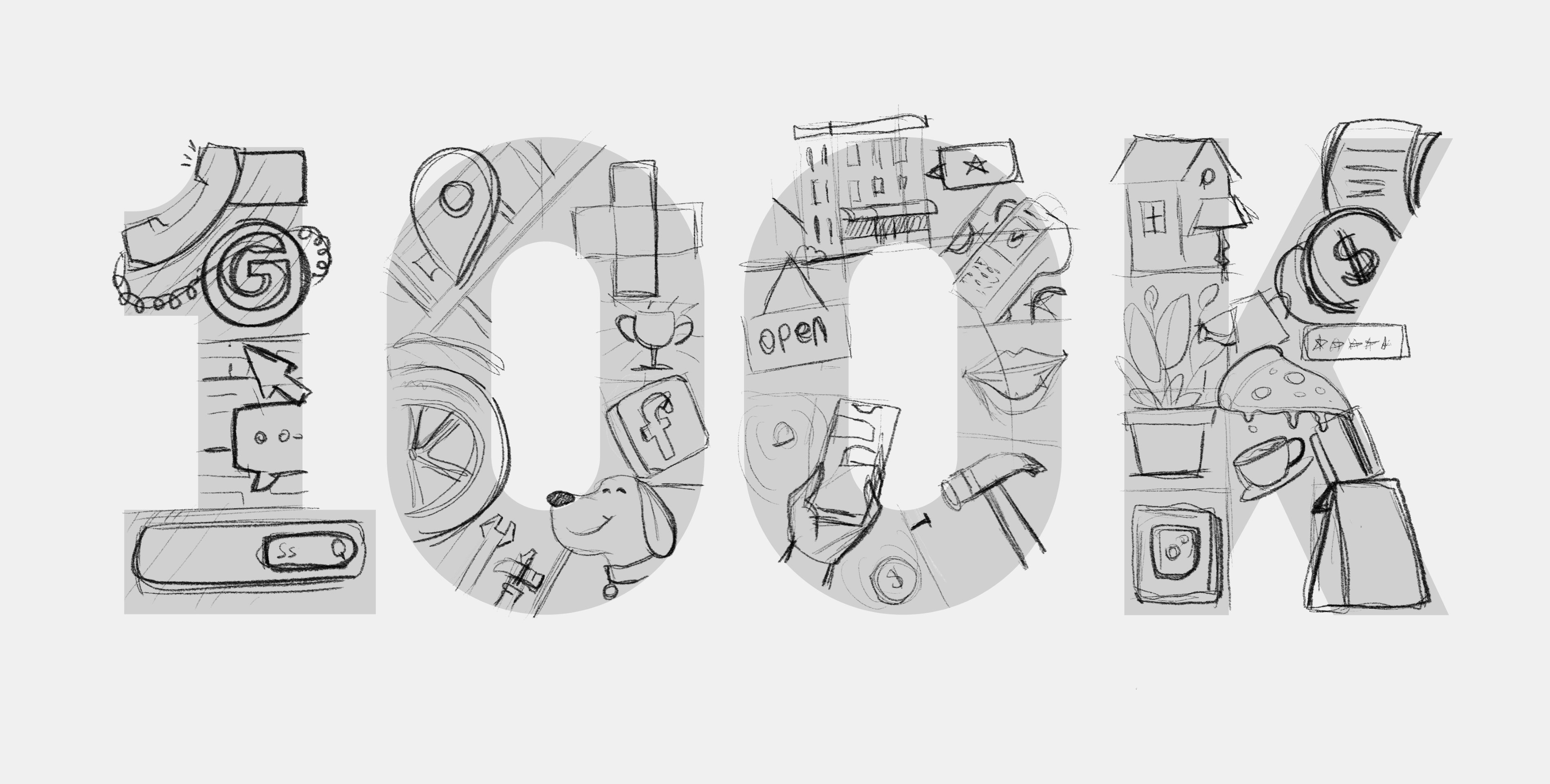 Sketch of the number 100K filled with doodles of social media, shopping, food, home, and tools icons.