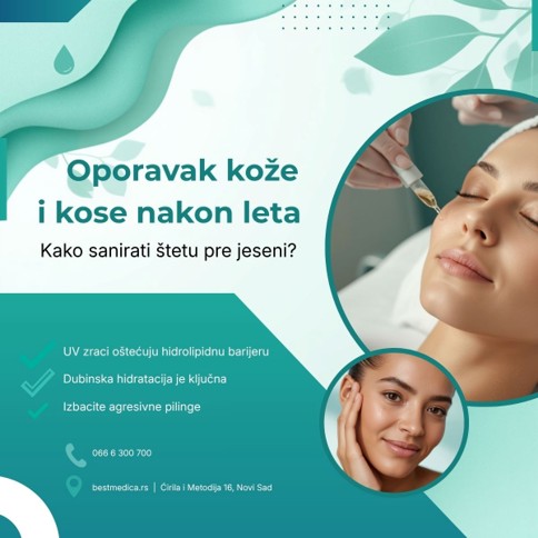 Nakon dva meseca sunca, hlora i soli, koža krajem leta gubi sjaj i vlagu, a kolagen i elastin počinju brže da se razgrađuju. Otkrijte kako da obnovite oštećenu kožnu barijeru pravilnom negom kod kuće i kada je vreme za profesionalne tretmane poput mezoterapije i biorevitalizacije. Saveti dermatologa Best Medica Poliklinike iz Novog Sada.
