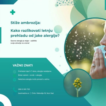 Kijate i imate curenje iz nosa – prehlada ili alergija na ambroziju? Sredinom avgusta koncentracija ovog agresivnog polena naglo raste, a simptomi se lako zamene sa virusom. Saznajte po čemu se razlikuju, zašto blagovremena terapija sprečava razvoj alergijske astme i kada je najbolji trenutak da počnete sa zaštitom. Saveti tima Best Medica Poliklinike iz Novog Sada.