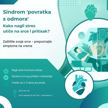 Lupanje srca, umor i skokovi pritiska odmah po povratku sa godišnjeg? Reč je o post-prazničnom sindromu adaptacije – naglom skoku hormona stresa kada se telo iz režima odmora vrati u svakodnevnu rutinu. Saznajte zašto je ovaj period posebno rizičan za hronične bolesnike i kako pravilnom aklimatizacijom zaštititi srce i krvni pritisak. Saveti tima Best Medica Poliklinike iz Novog Sada.