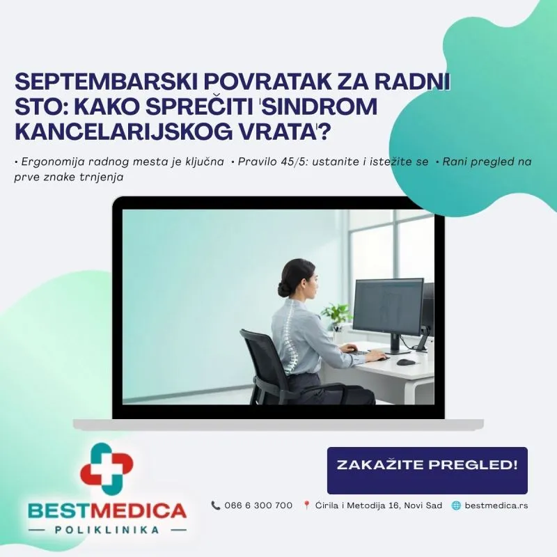 Povratak sedenju za računarom donosi bolove u vratu, ramenima i leđima. Saznajte kako ergonomija i pravilo 45/5 mogu sprečiti hronične tegobe.
