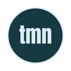 tmn logo with lowercase white letters on a dark circular background.