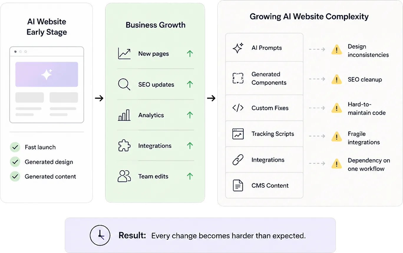 AI-generated websites often become harder to manage as content, SEO, and integrations grow.
