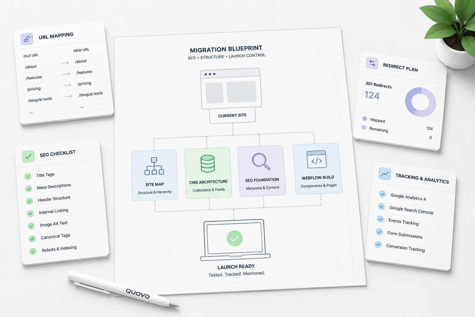 A migration blueprint diagram showing site map, CMS architecture, SEO foundation, Webflow build, and a launch-ready laptop.