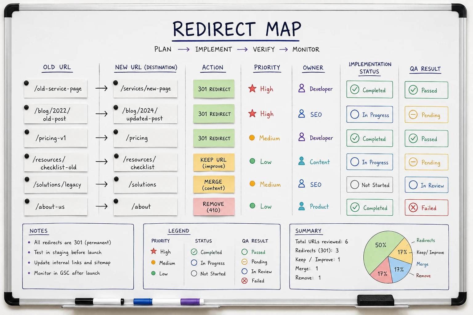 Redirect map showing priority, owner, implementation status, and QA result