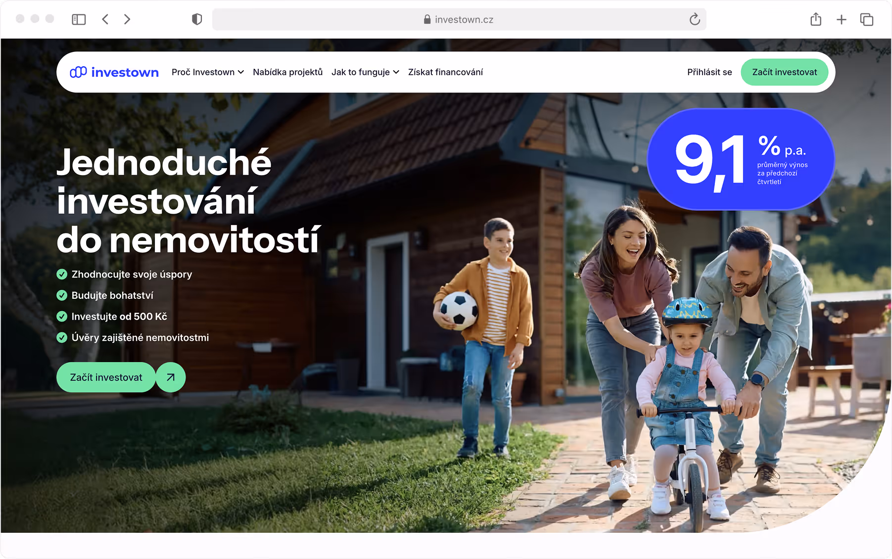 Investown homepage hero showing the real estate investment platform interface