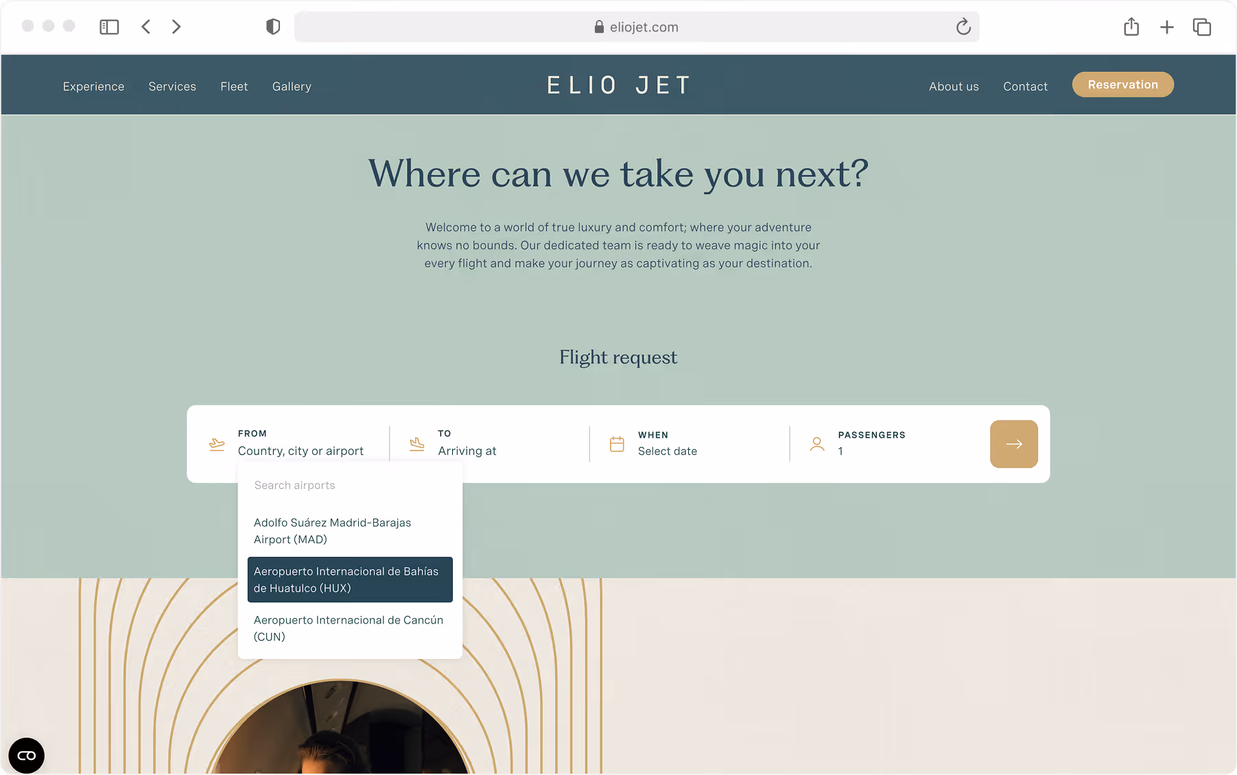 Elio Jet flight request flow with airport autocomplete