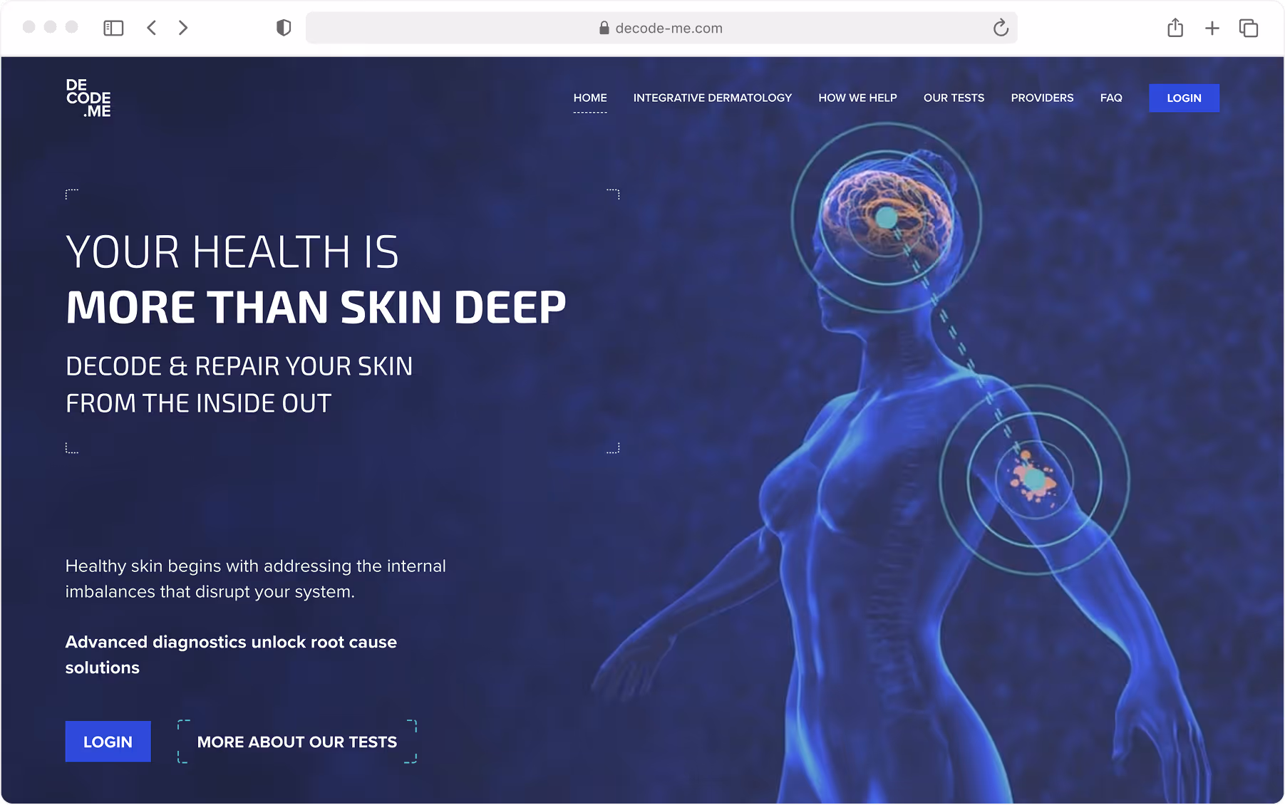 Decode.me healthcare brand homepage hero with animation