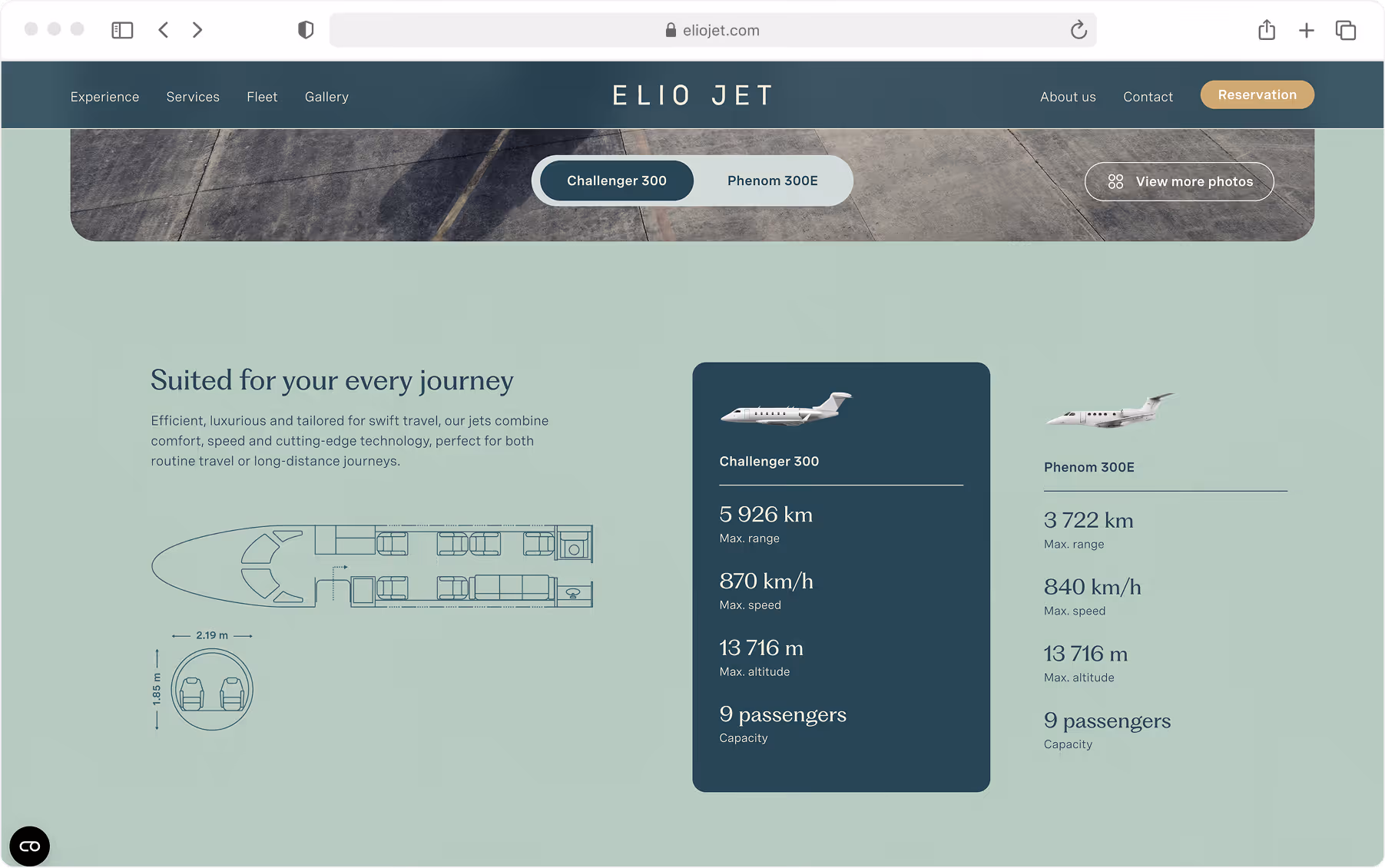 Elio Jet experiences and destinations layout