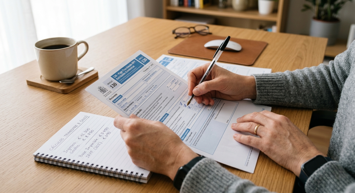 Self-employed person reviewing quarterly tax documents with a gestor in Spain