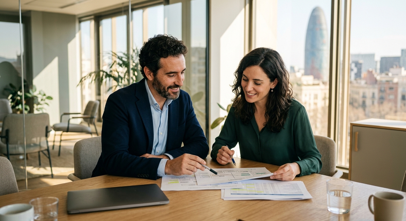 Dos profesionales revisando la estructura societaria de una SL y SLU en España