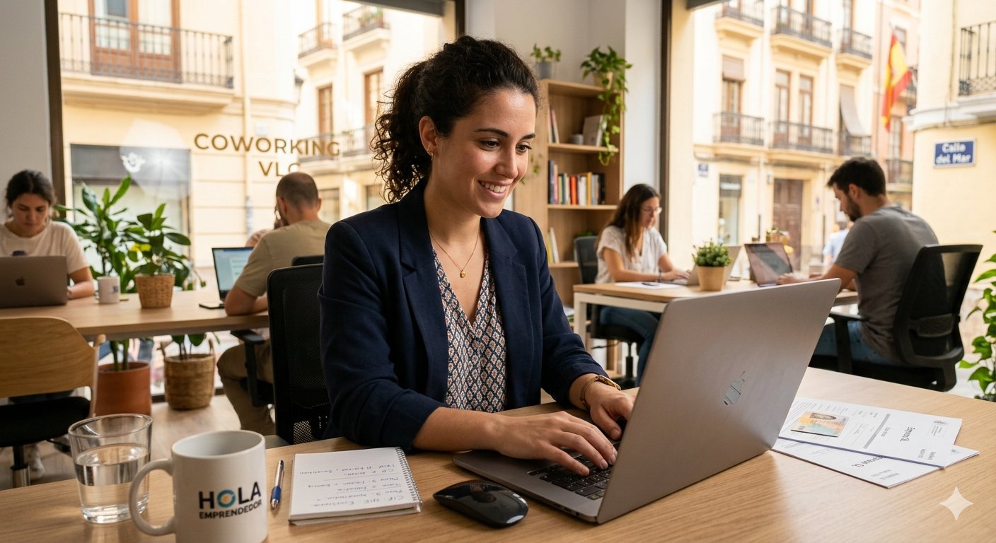 A smiling woman works on her laptop in a vibrant coworking space with other professionals.