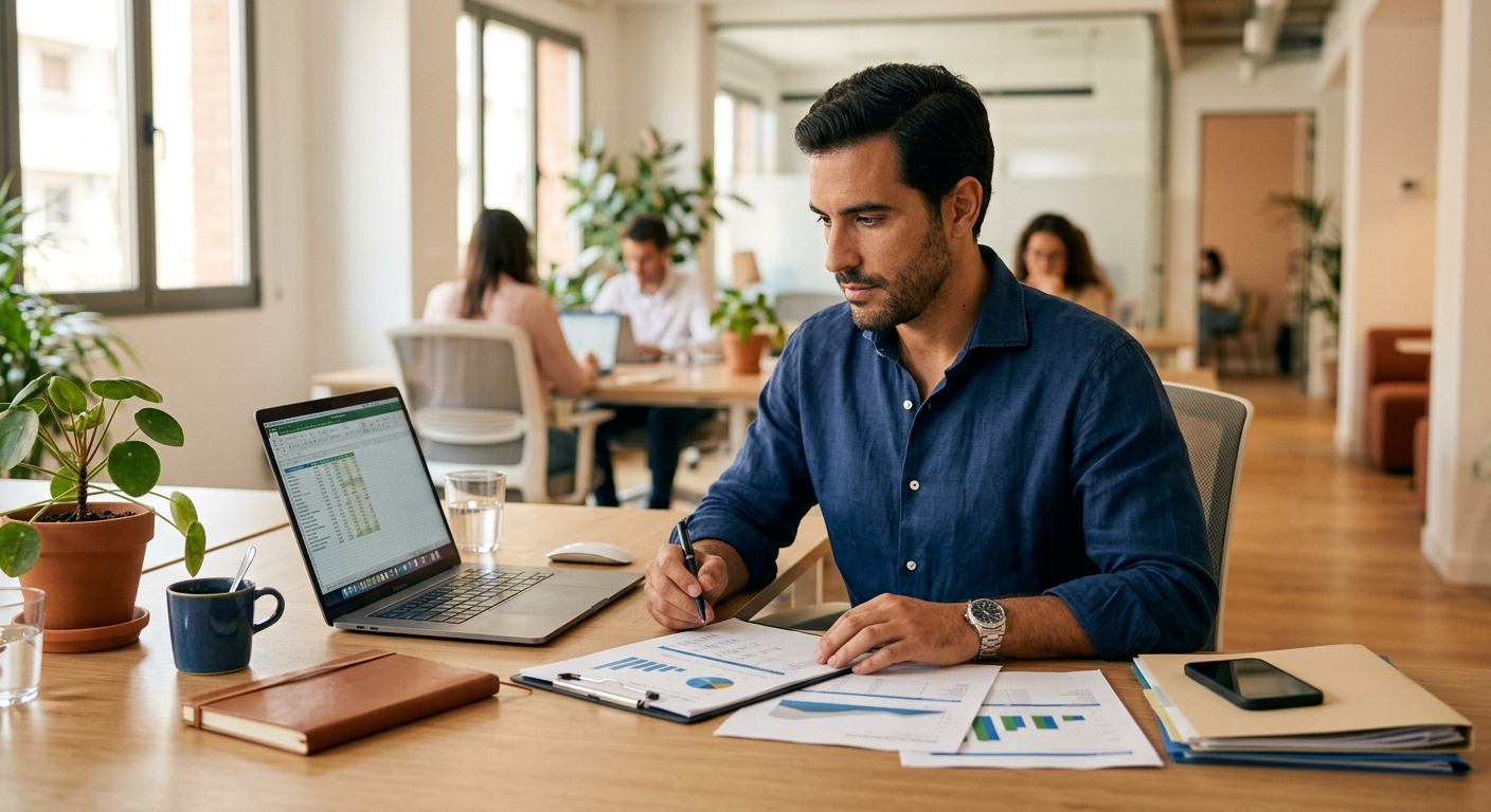Spanish professional reviewing financial documents in a modern office