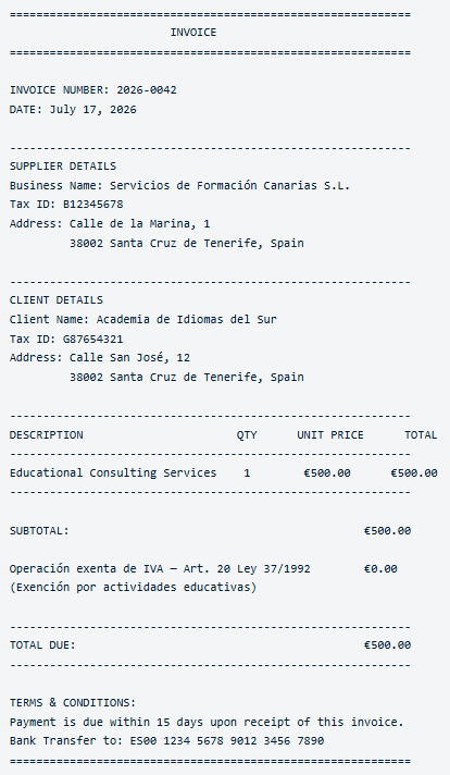 IVA exemption invoice example for autónomos in Spain: what to write instead of a VAT line