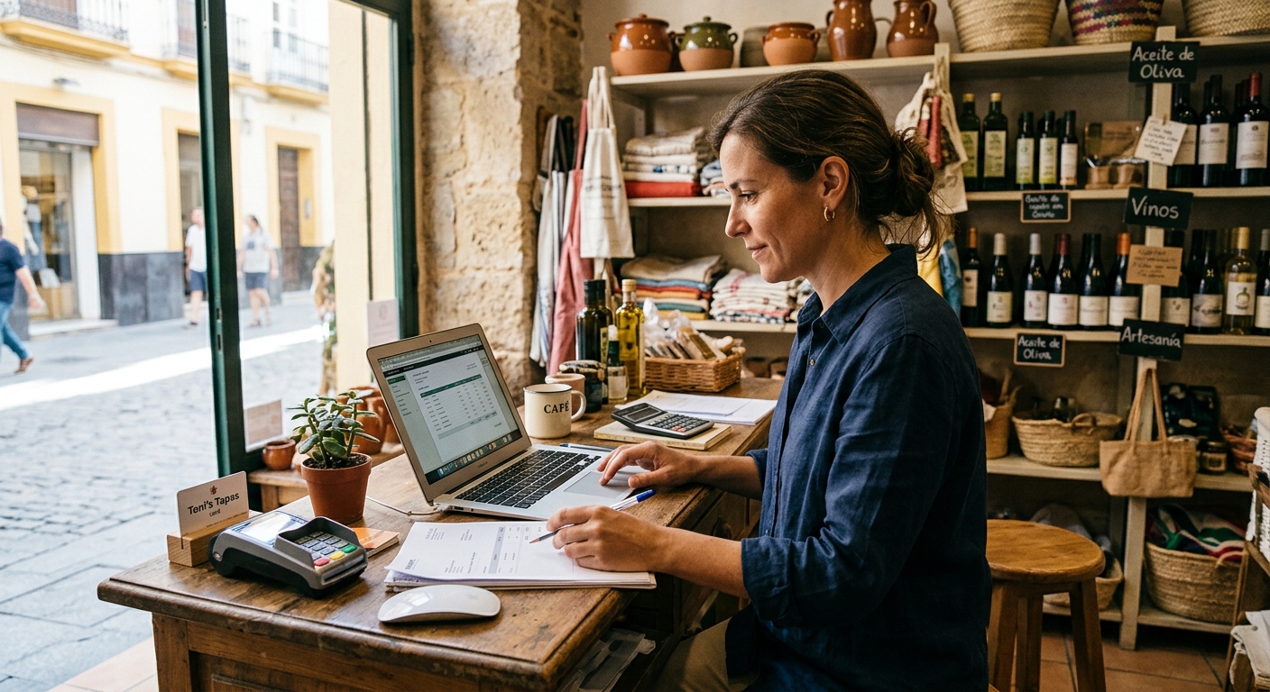 Small business owner reviewing invoices on a laptop in her shop