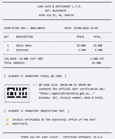  Invoice with Verifactu QR code and verification label