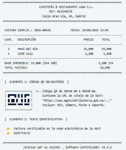 Factura con código QR de Verifactu y etiqueta de verificación