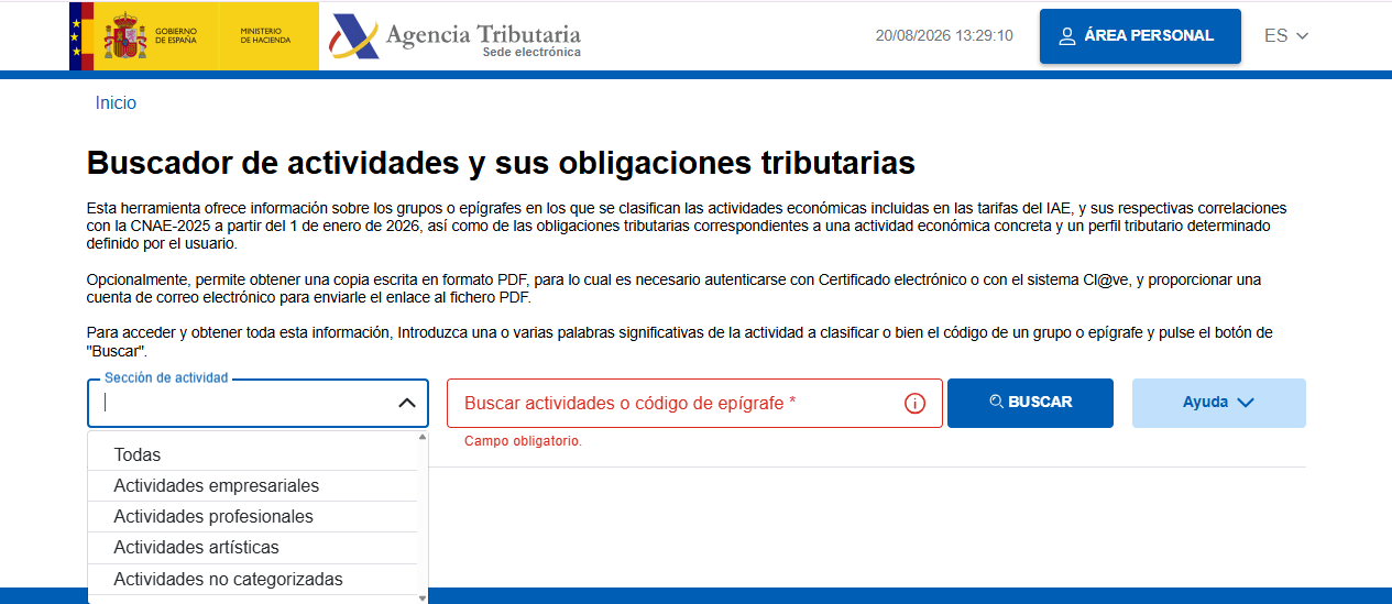 Searching IAE activity codes on AEAT Sede Electrónica