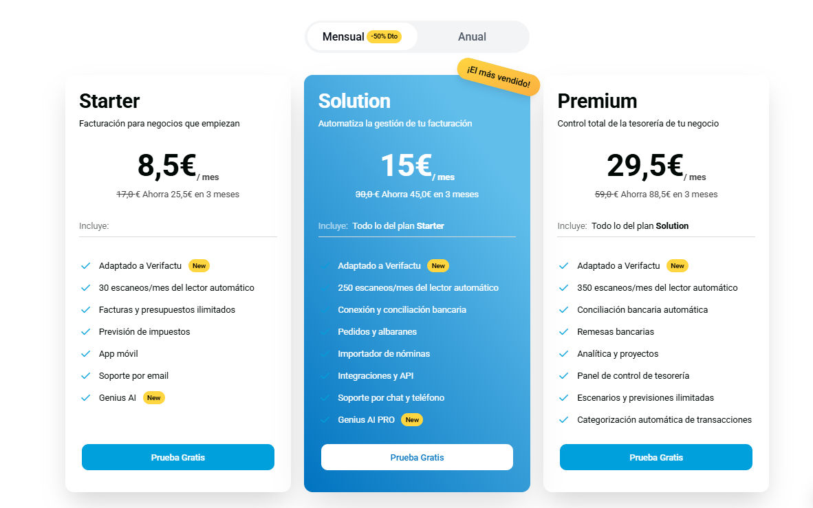 Página de precios de Quipu con los planes Starter, Solution y Premium