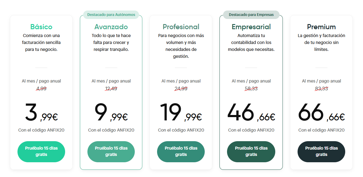 Página de precios de Anfix con sus cinco planes en pago anual
