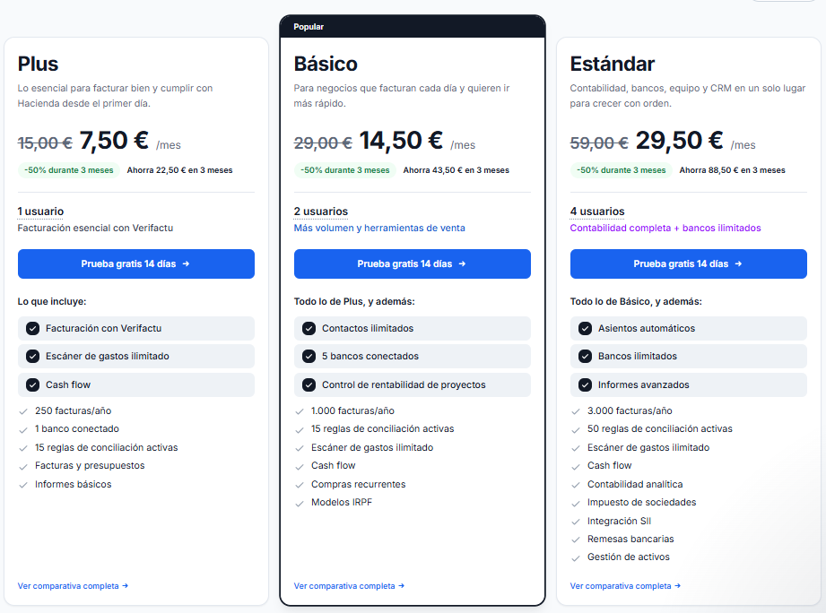 Página de precios de Holded con los planes Básico, Estándar y Avanzado