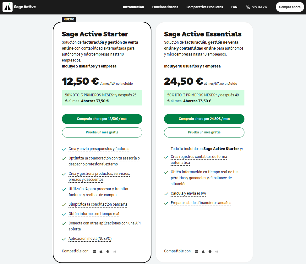 Página de planes de Sage Active con Starter y Essentials