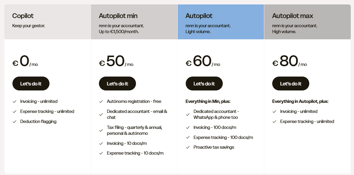 Página de precios de renn con los planes Copilot y Autopilot