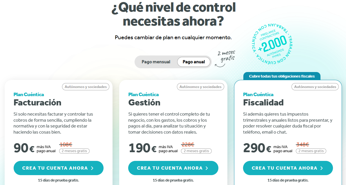Cuéntica pricing page showing the Facturación, Gestión, Fiscalidad and Fiscalidad Tutelada plans