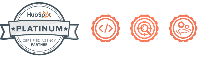 Certificat HubSpot Platinum Certified Agency Partner avec icônes de développement, analyse et support.