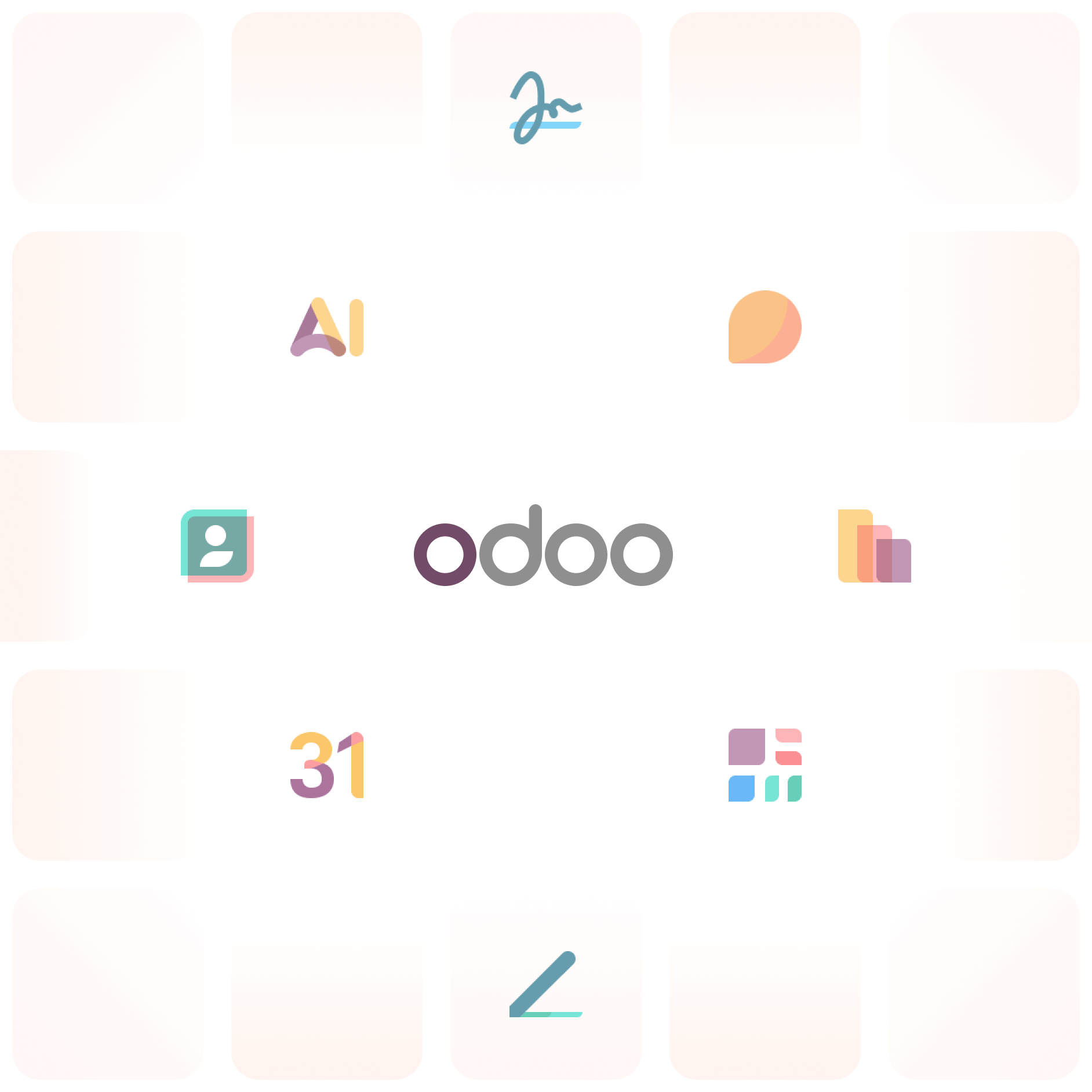 Clavier avec touches affichant plusieurs logos d'applications, dont Odoo, Google Calendar, Google Contacts, et autres icônes colorées.