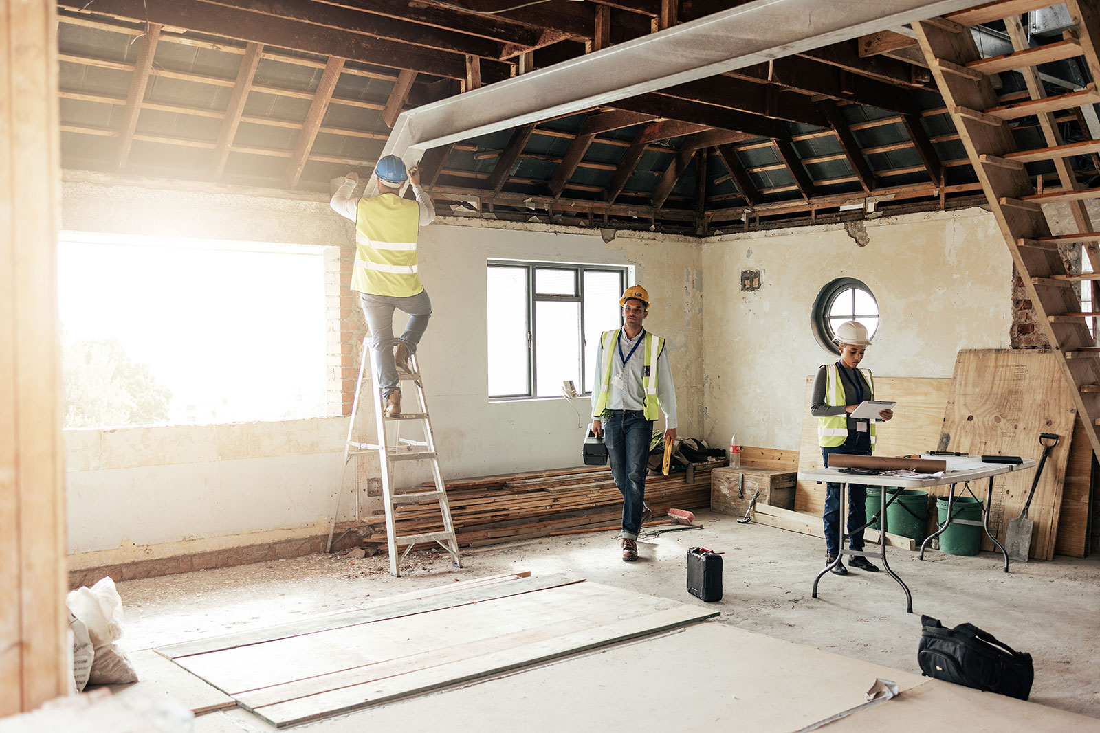 Three construction workers in safety gear working inside a building under renovation.