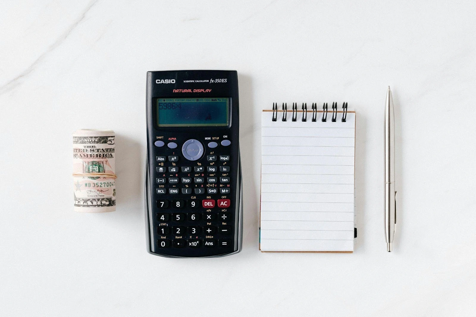 Une calculatrice, un carnet de note, un stylo et une liasse de billet enroulée - mode de financement entreprise