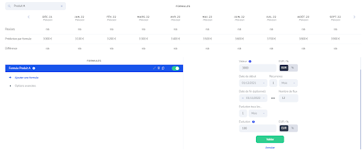 Screenshot de l'application Fygr - Formules d’évolution d’un prévisionnel financier par rapport aux périodes précédentes
