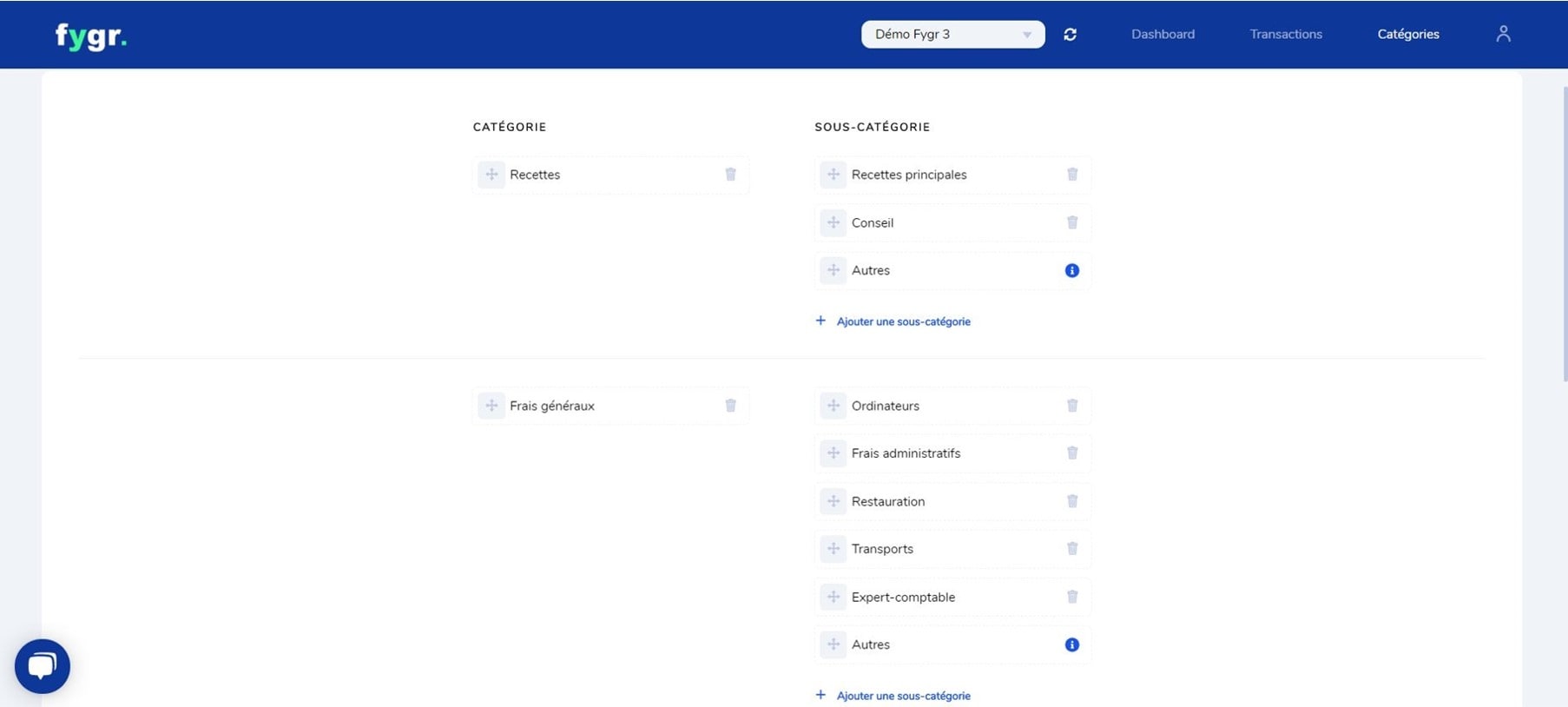 Screenshot de l'application Fygr : Personnalisez votre arborescence de catégories et sous-catégories ;
