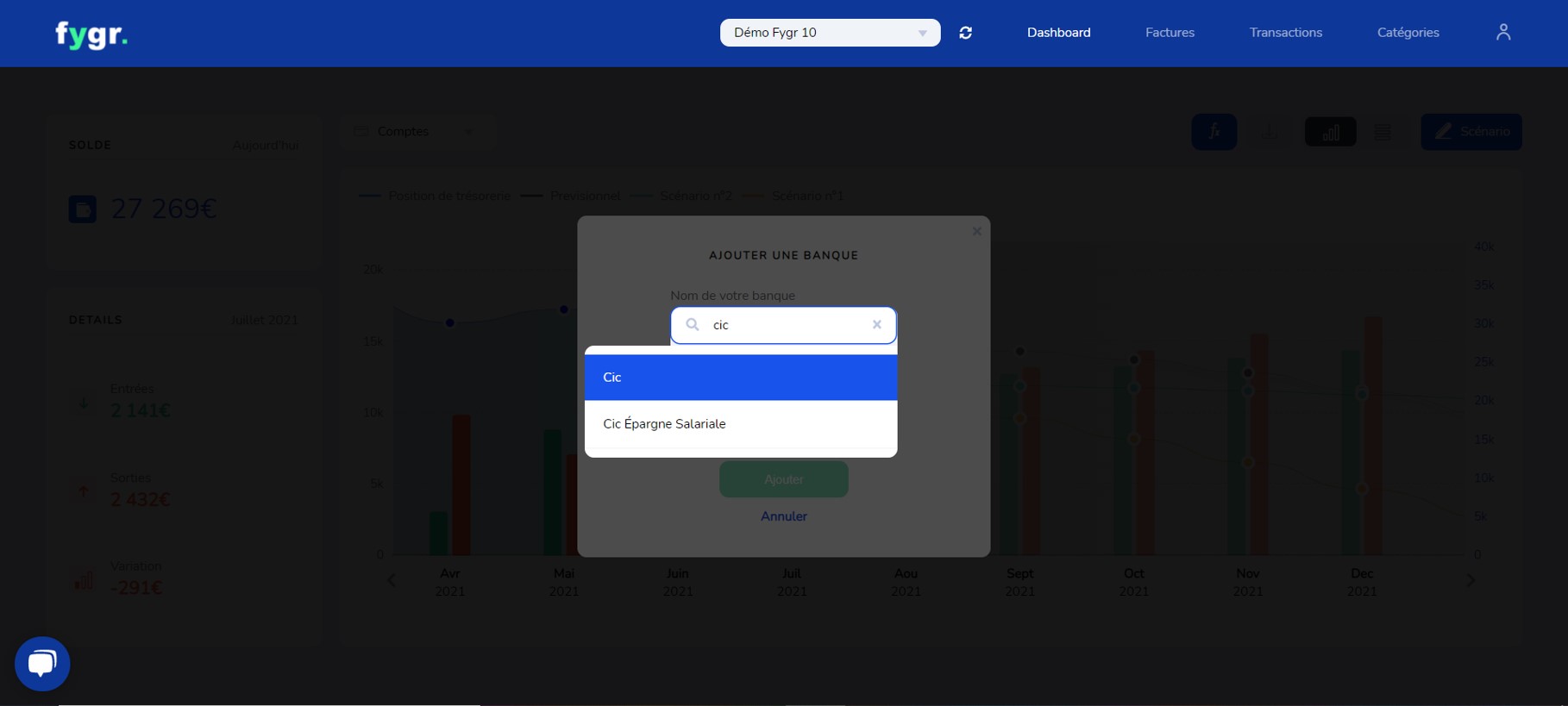 Screenshot de l'application Fygr : synchronisez les comptes bancaires de votre société ;