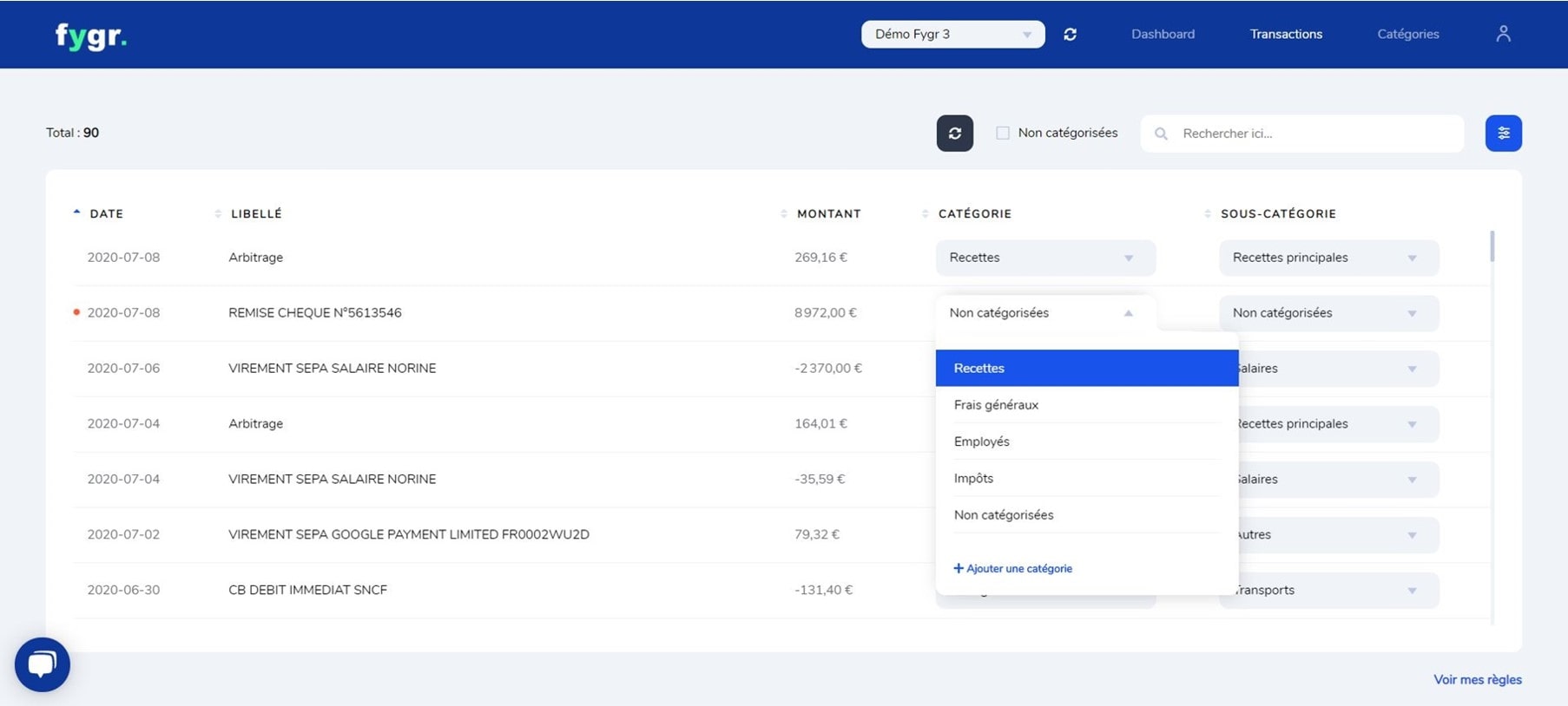 Screenshot de l'application Fygr : Automatisez la catégorisation de vos transactions ;