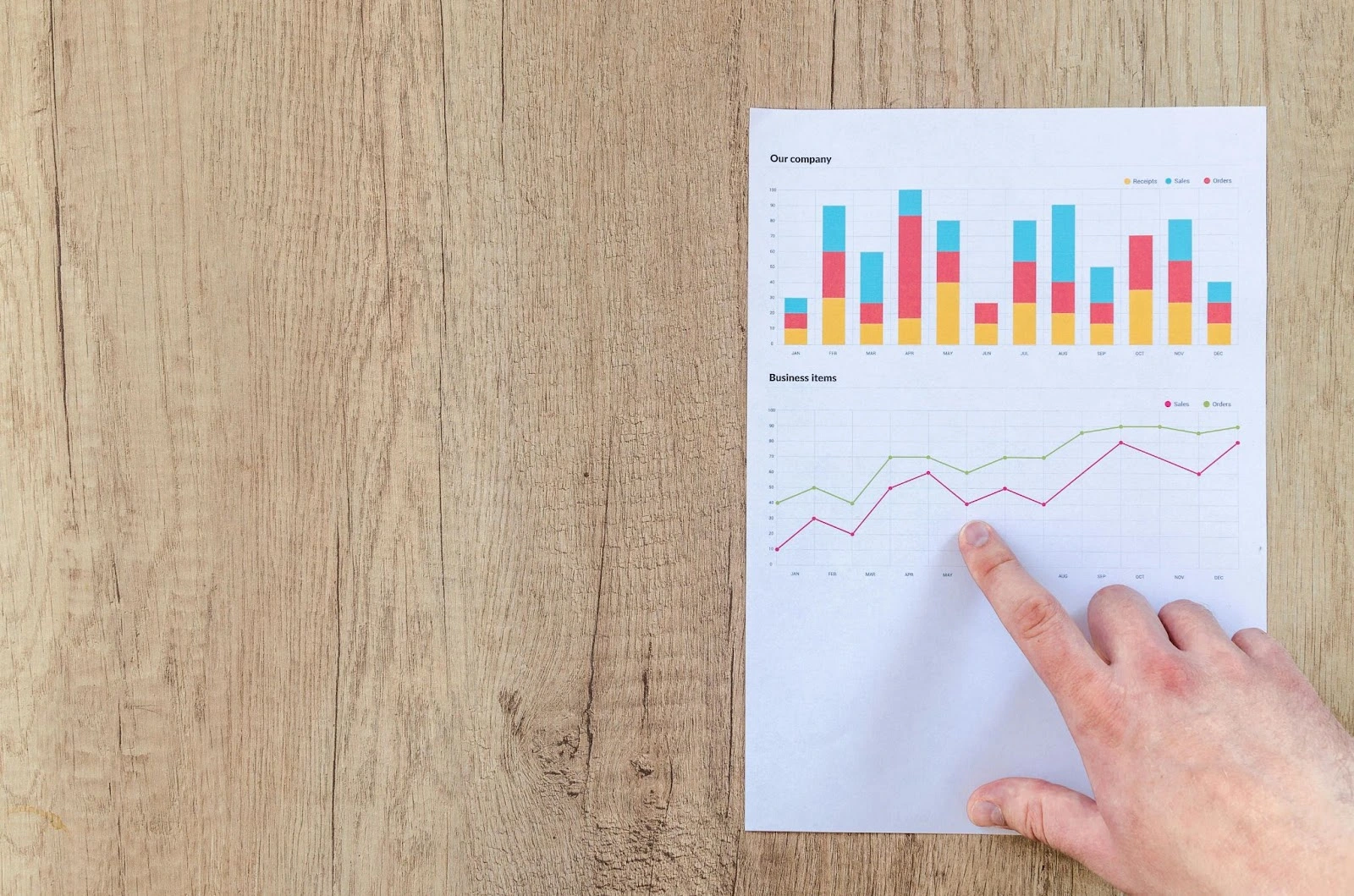 Un homme pointant du doigt une courbe montrant une évolution - tableau de bord financier
