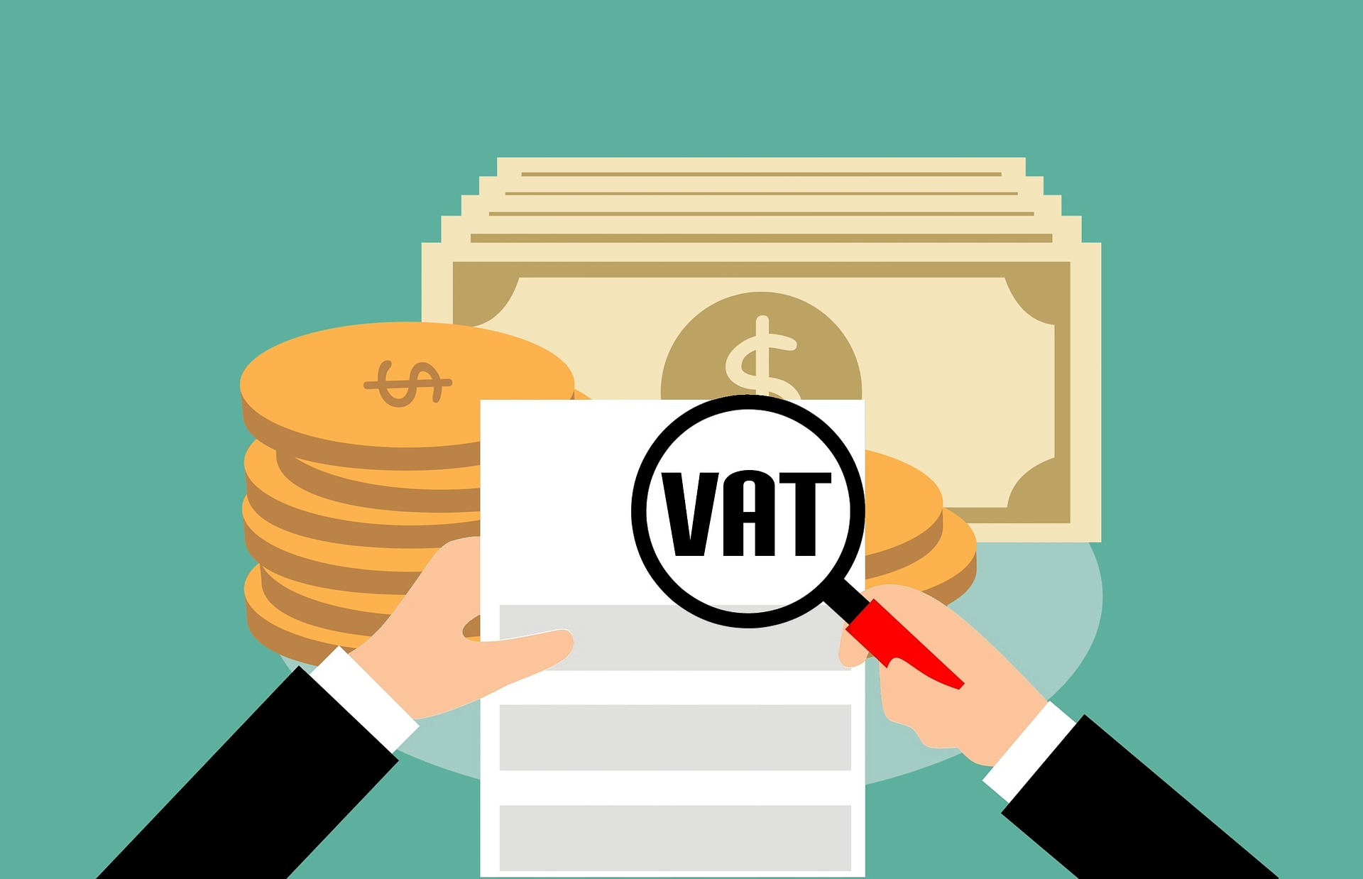 Une image illustrant la taxe sur la valeur ajoutée (TVA). Des mains tenant une feuille à gauche et une loupe à droite, zoomant sur le mot "TVA". En arrière-plan, des pièces de monnaie et des billets de banque