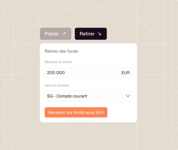 Interface pour retirer 200000 EUR vers compte SG, bouton pour recevoir fonds sous 24 heures.