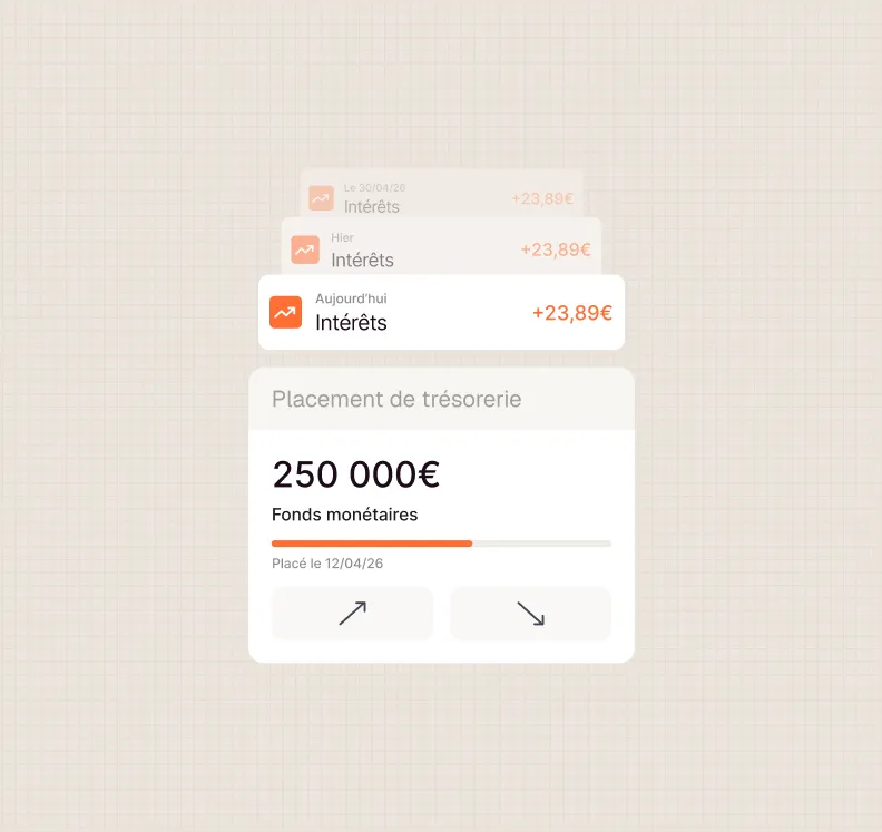 Écran d'application montrant un placement de trésorerie de 250 000 € avec intérêts de 23,89 € aujourd'hui.