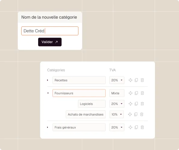 Interface pour ajouter et gérer des catégories financières avec options de TVA et boutons d'action.