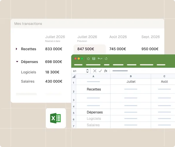 Capture d'écran d'un rapport Excel montrant recettes, dépenses, logiciels, salaires pour juillet à septembre 2026.