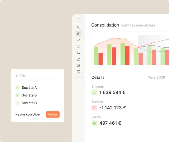 Interface de consolidation montrant deux entités consolidées avec détails financiers pour mars 2026 en euros.