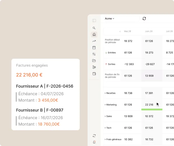Tableau financier avec factures engagées de fournisseurs A et B et montants en euros.