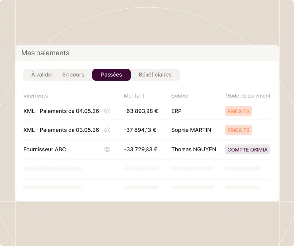Tableau de paiements passés montrant virements, montants négatifs en euros, sources et modes de paiement.