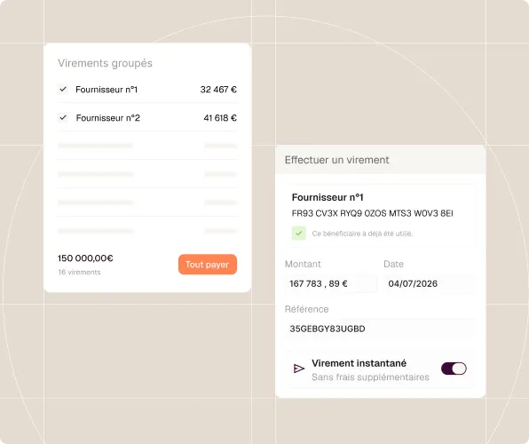 Interface de virements groupés avec fournisseurs, montants, et option de virement instantané activée.