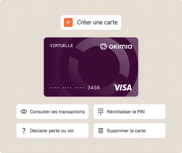 Carte virtuelle Visa Okimia avec options pour transactions, réinitialiser PIN, perte ou vol, et suppression.
