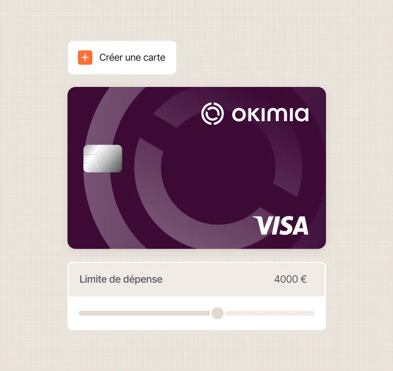 Carte Visa virant au violet foncé avec logo Okimia et limite de dépense fixée à 4000 €.